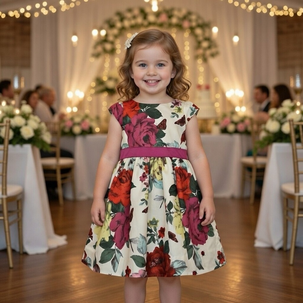 Ted Baker Girls Floral Dress Size 3 Roses Butterflies Vibrant Cap Sleeves Puffy